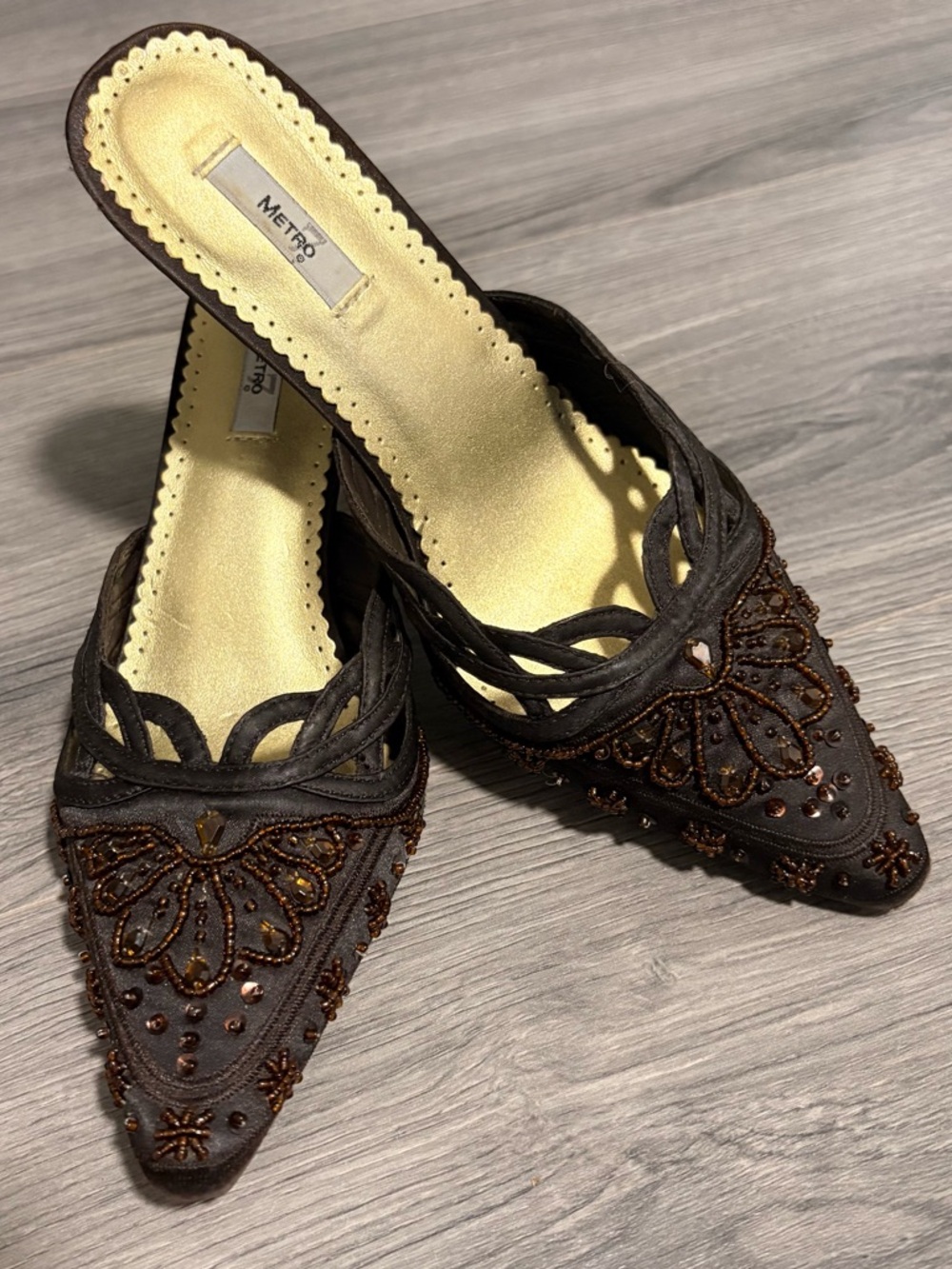 Metro 7 "Gypsy" Beaded Brown Satin Mule Kitten Heel